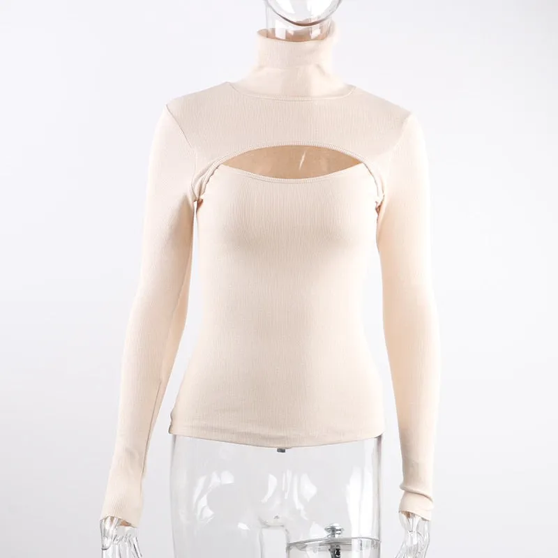 Knitted Turtleneck Hollow-Out Casual Long Sleeve Top