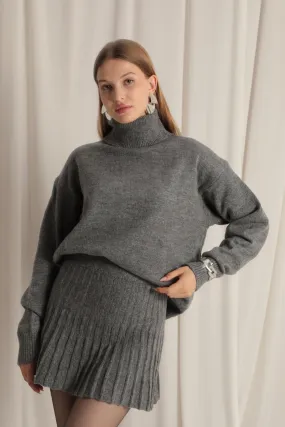 Knitwear Fabric Turtleneck Sweater Anthracite Skirt Set