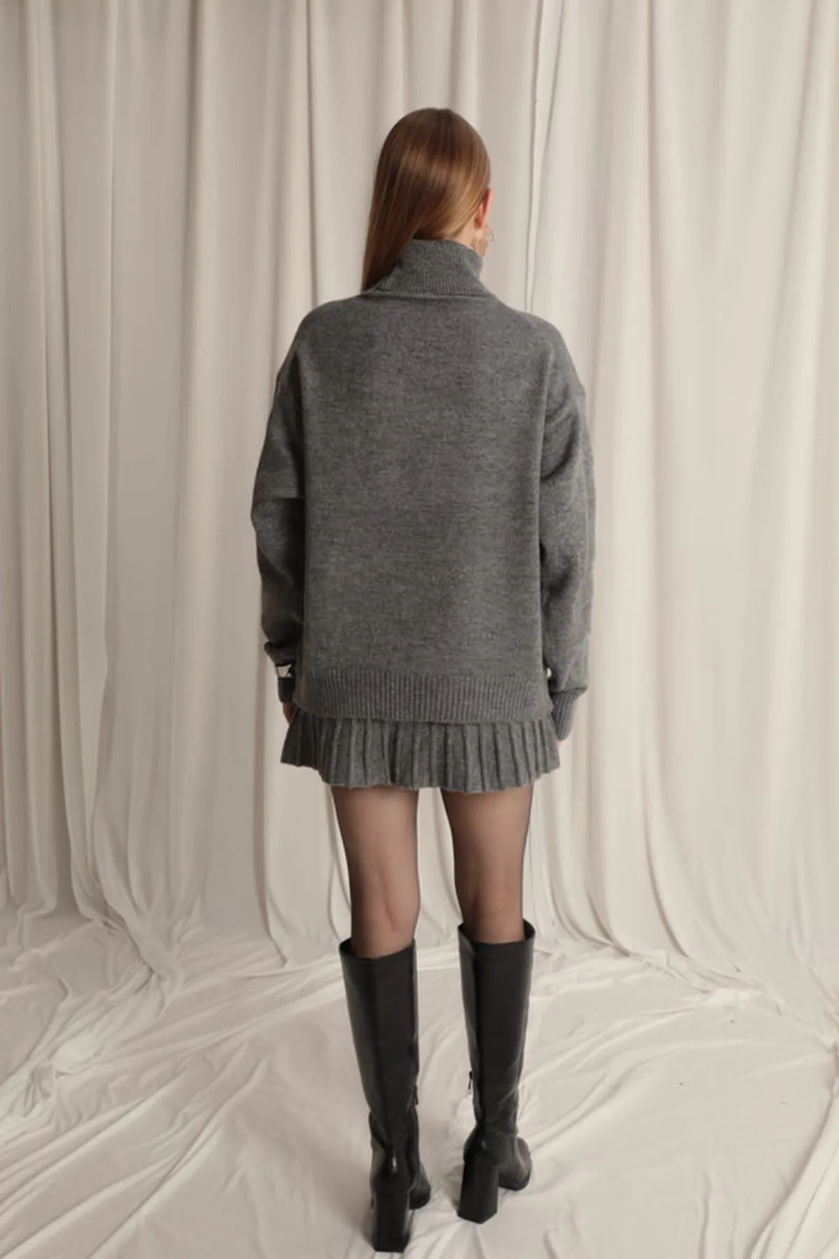 Knitwear Fabric Turtleneck Sweater Anthracite Skirt Set