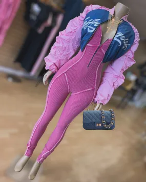 “La” Ruched Sleeve Cropped Bomber Jacket ( Pink)
