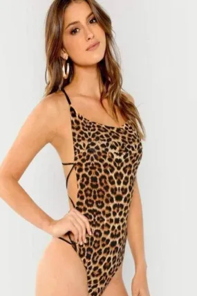 Leopard Print Strappy Back Slim Fitted Bodysuit Swimsuit