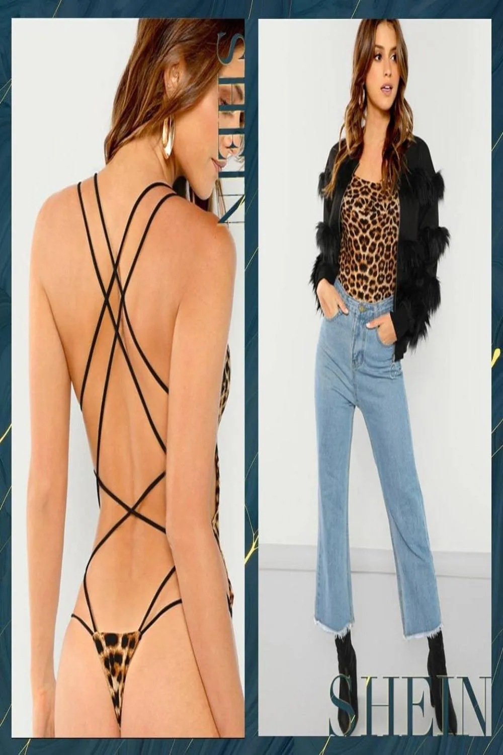 Leopard Print Strappy Back Slim Fitted Bodysuit Swimsuit