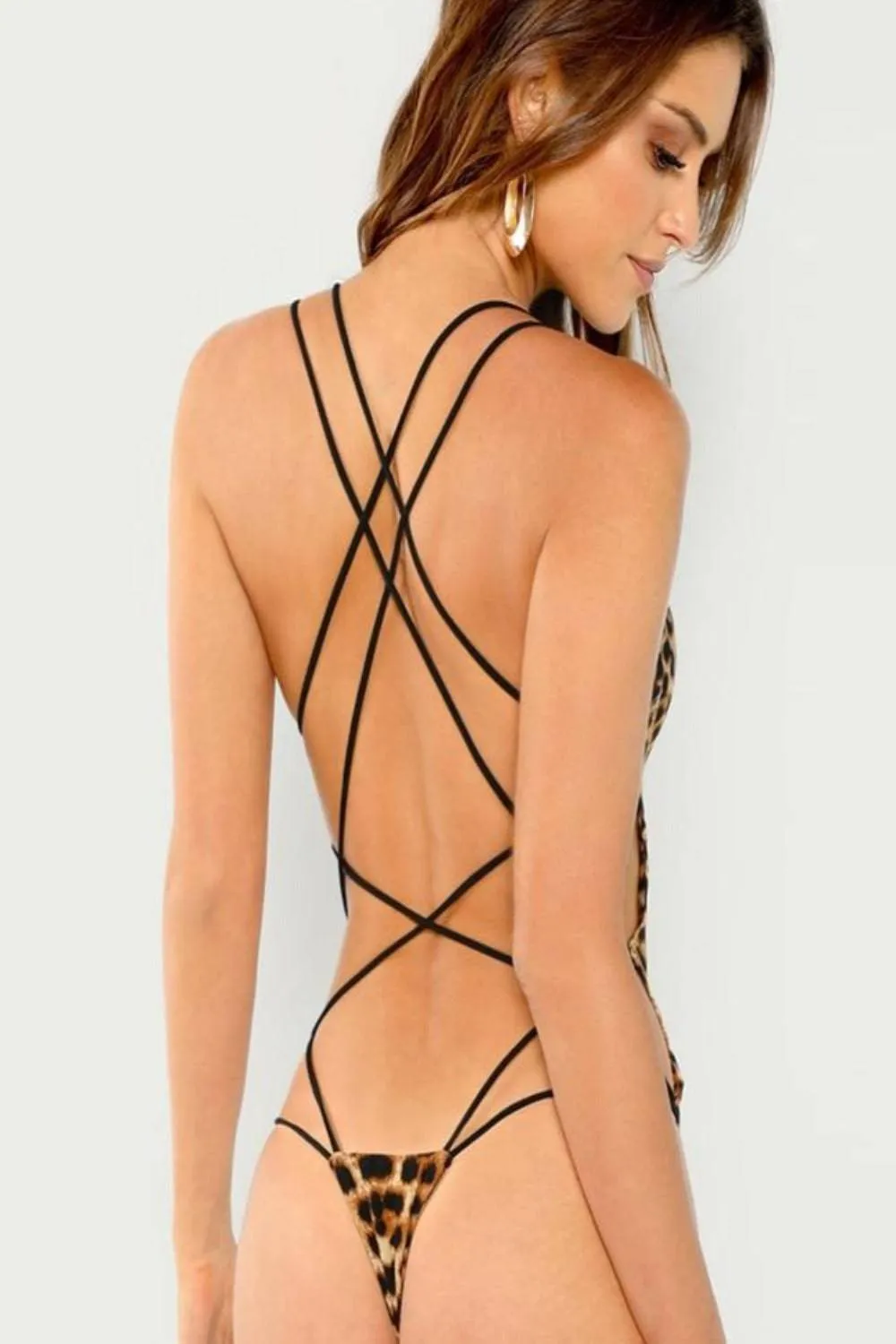 Leopard Print Strappy Back Slim Fitted Bodysuit Swimsuit