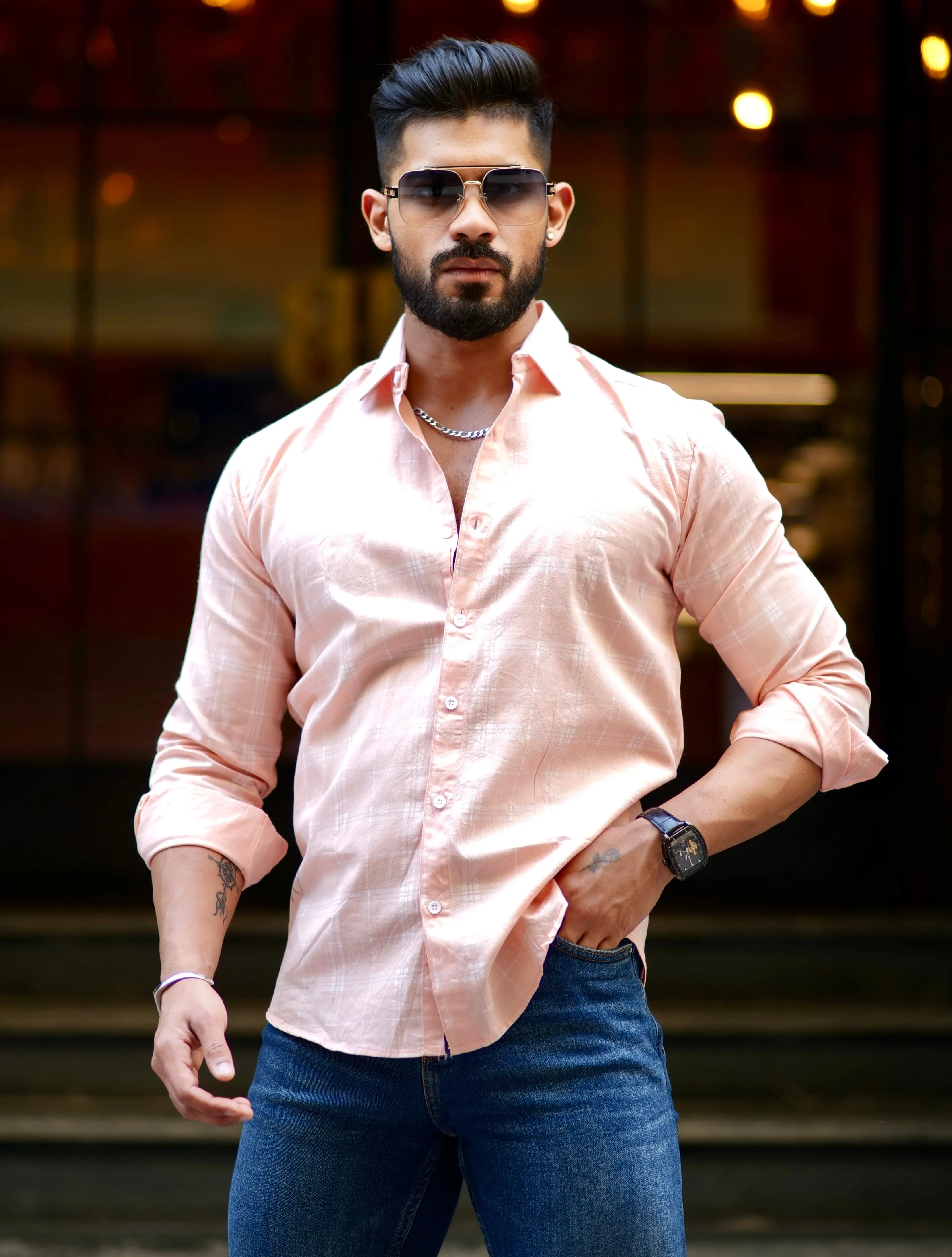 Light Peach Check Printed Cotton Shirt For Men's