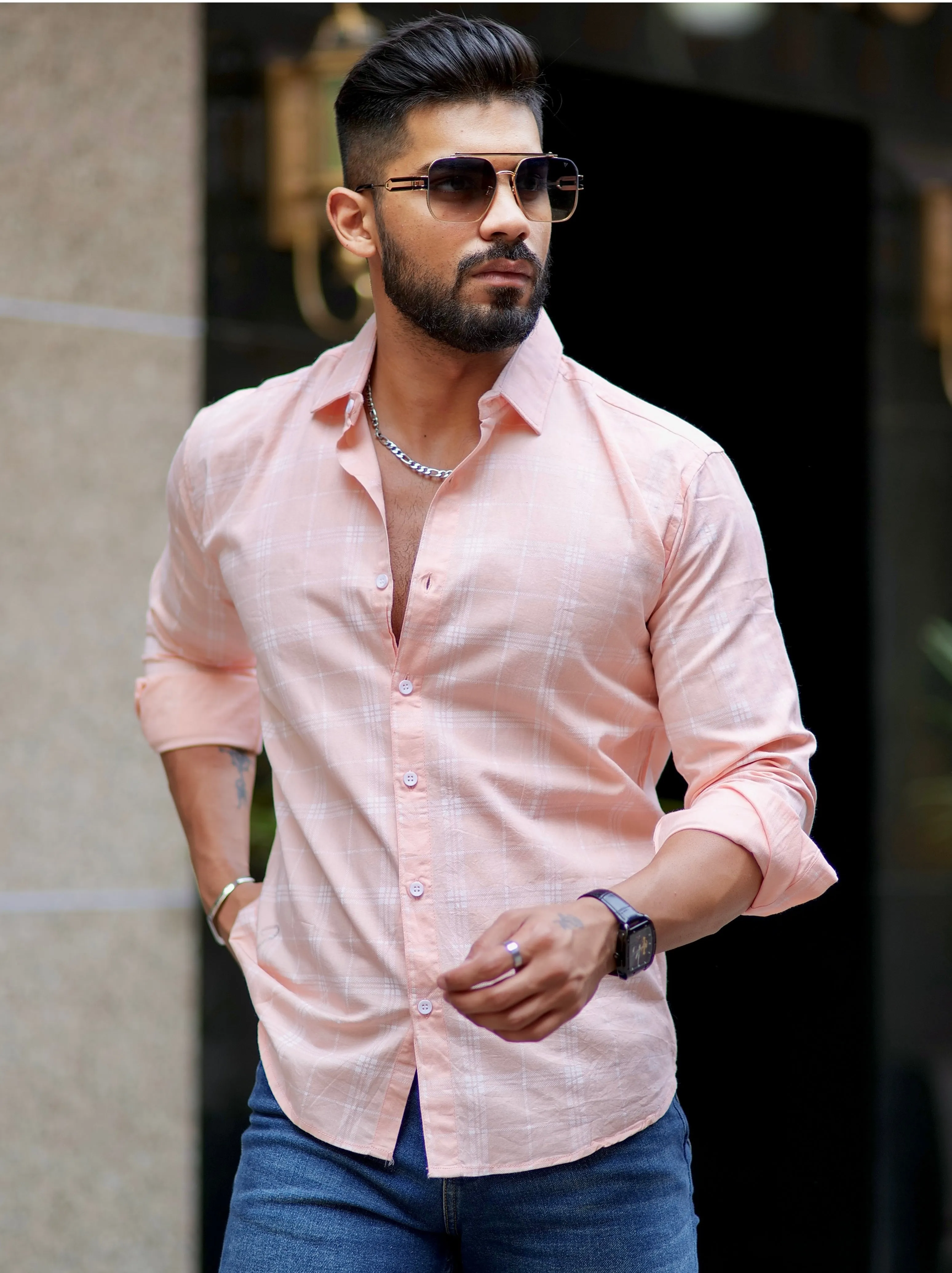 Light Peach Check Printed Cotton Shirt For Men's