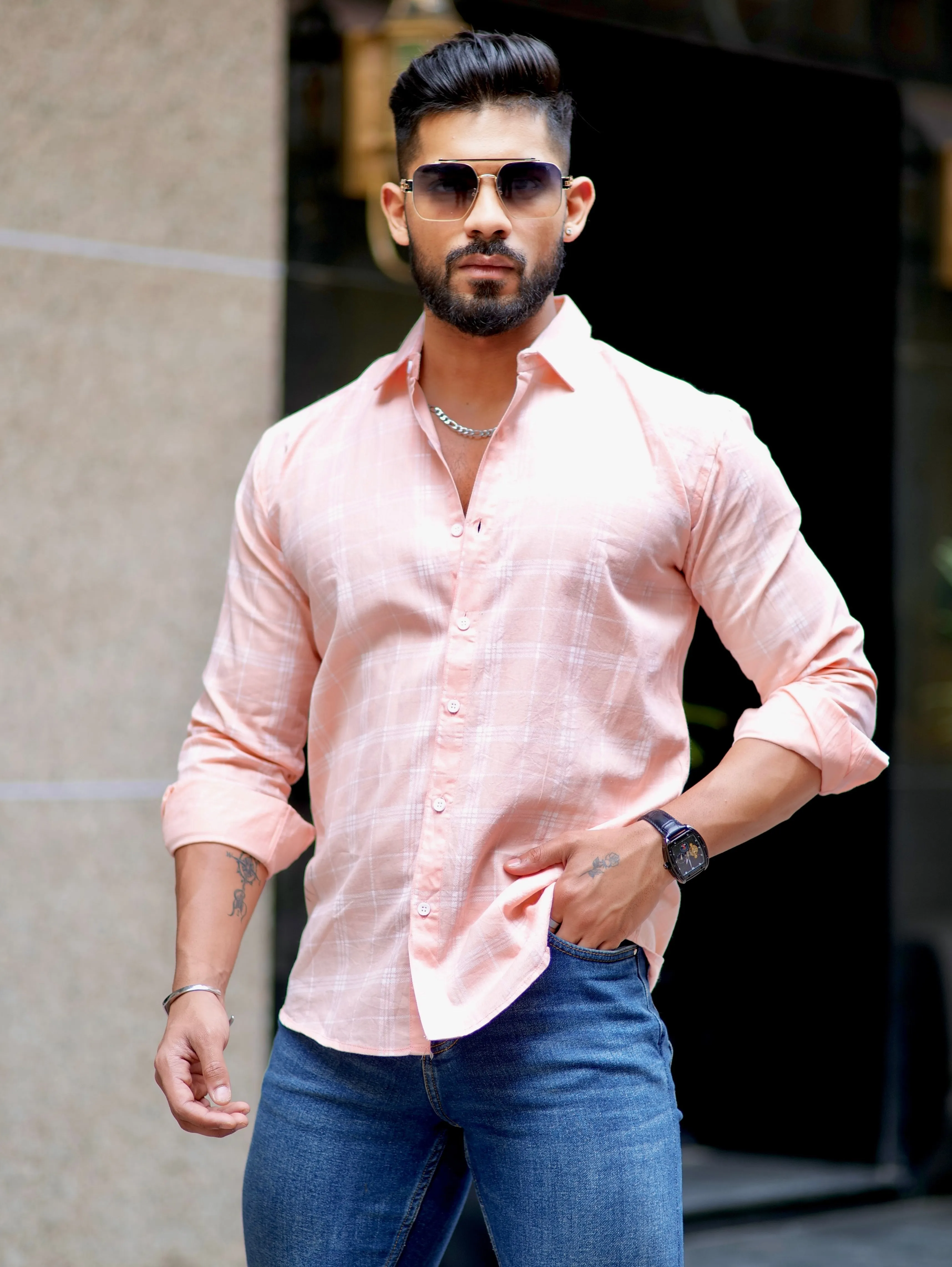 Light Peach Check Printed Cotton Shirt For Men's