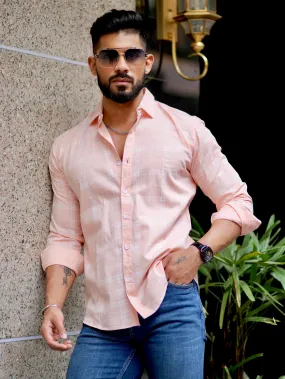 Light Peach Check Printed Cotton Shirt For Men's