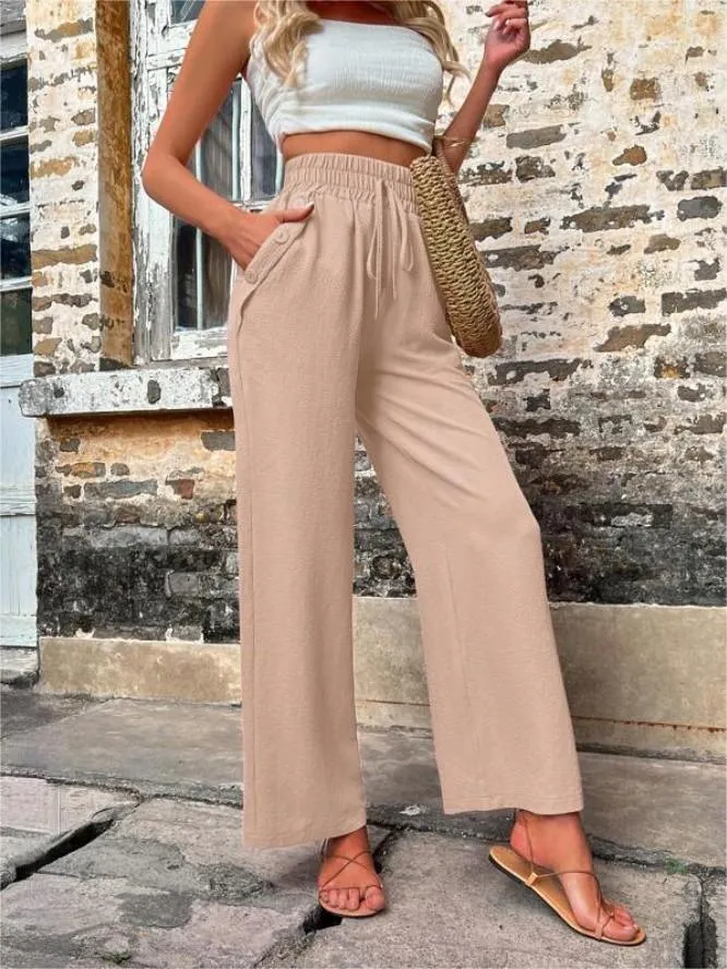 Linen Wide Leg Trousers Women – Casual High Waist Drawstring Pants with Pockets