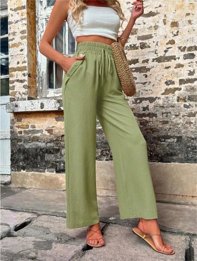 Linen Wide Leg Trousers Women – Casual High Waist Drawstring Pants with Pockets