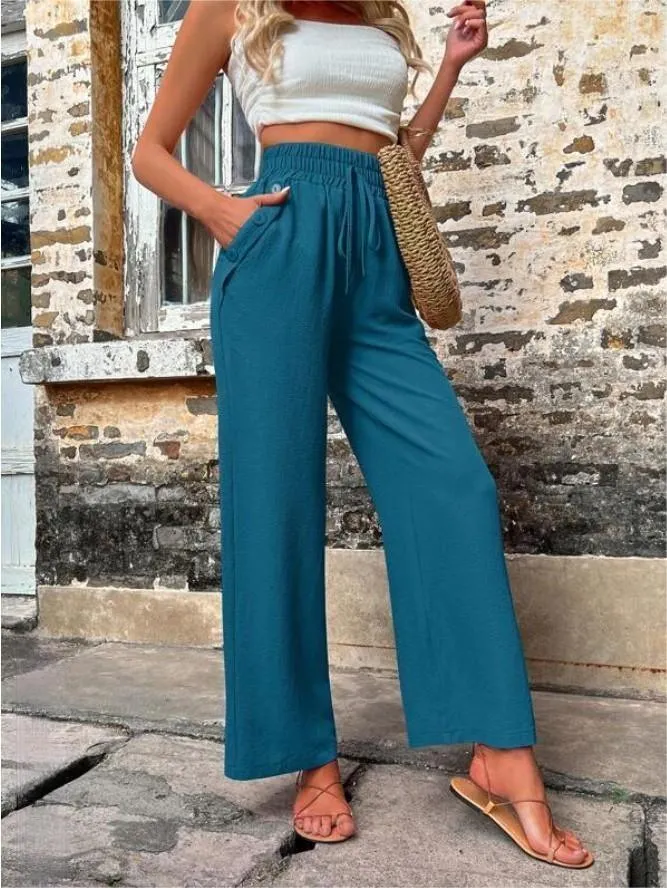 Linen Wide Leg Trousers Women – Casual High Waist Drawstring Pants with Pockets