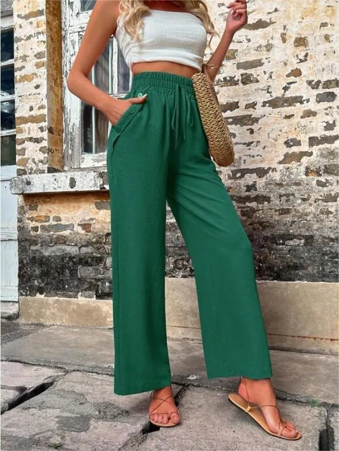 Linen Wide Leg Trousers Women – Casual High Waist Drawstring Pants with Pockets