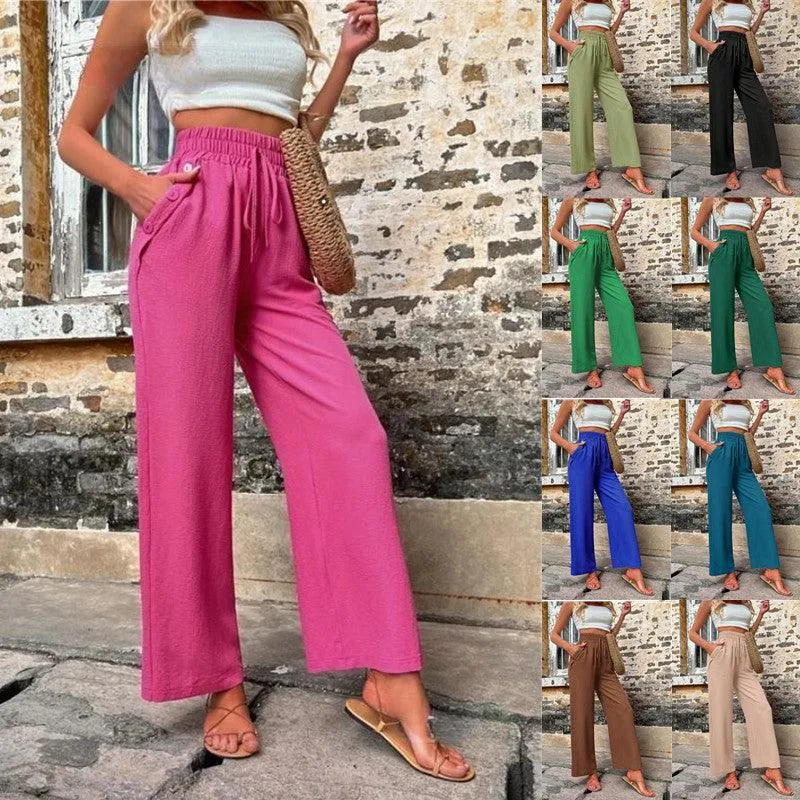 Linen Wide Leg Trousers Women – Casual High Waist Drawstring Pants with Pockets