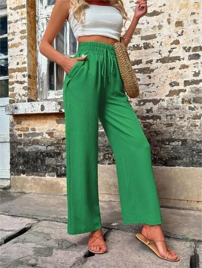 Linen Wide Leg Trousers Women – Casual High Waist Drawstring Pants with Pockets