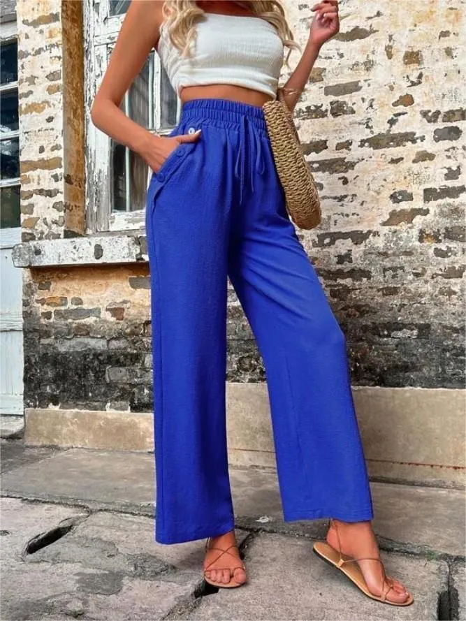 Linen Wide Leg Trousers Women – Casual High Waist Drawstring Pants with Pockets