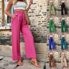 Linen Wide Leg Trousers Women – Casual High Waist Drawstring Pants with Pockets