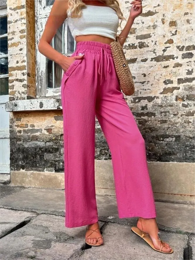 Linen Wide Leg Trousers Women – Casual High Waist Drawstring Pants with Pockets