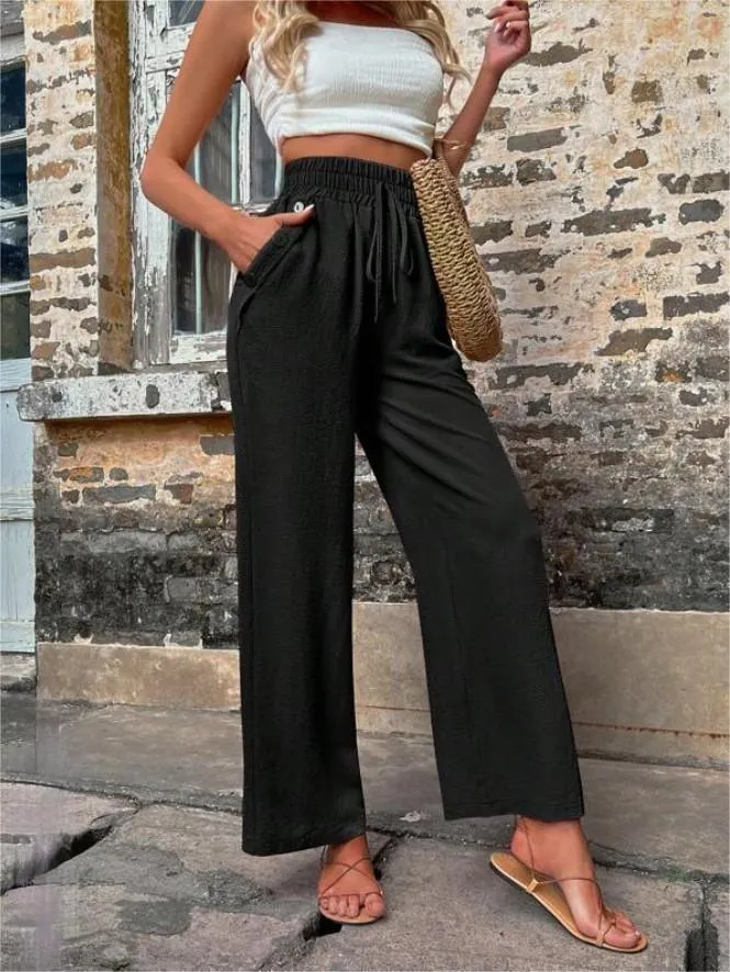 Linen Wide Leg Trousers Women – Casual High Waist Drawstring Pants with Pockets