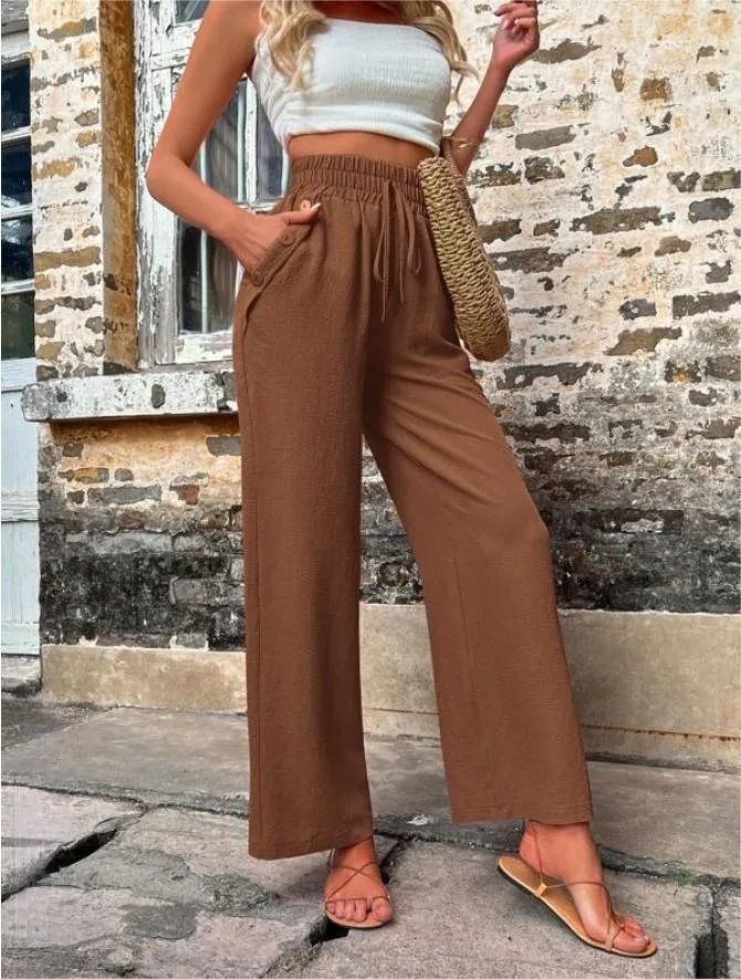 Linen Wide Leg Trousers Women – Casual High Waist Drawstring Pants with Pockets