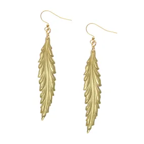 Long Feather Brass Nu Gold Drop Earrings