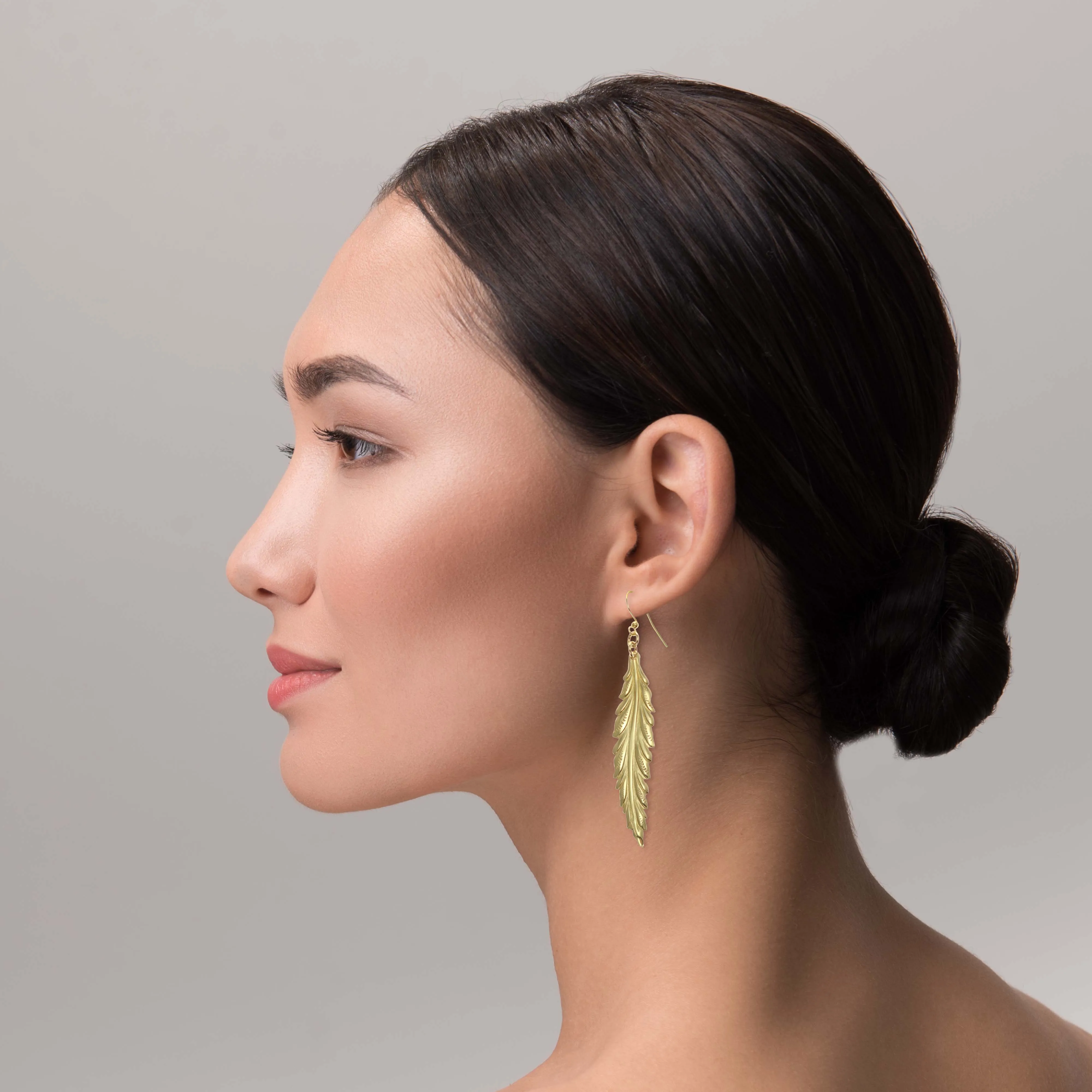 Long Feather Brass Nu Gold Drop Earrings