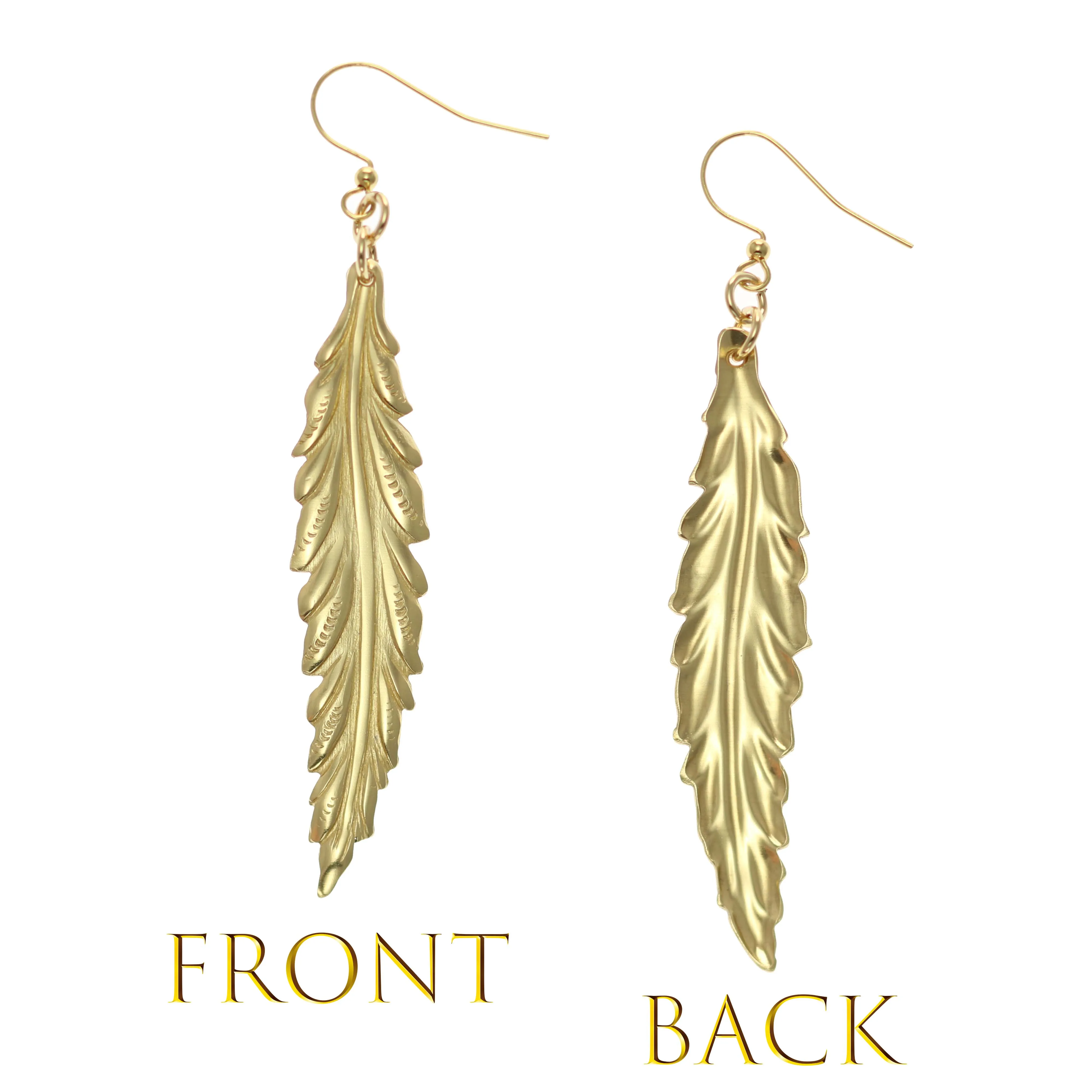 Long Feather Brass Nu Gold Drop Earrings