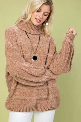 Main Strip Chenille Turtleneck Sweater Top - Camel