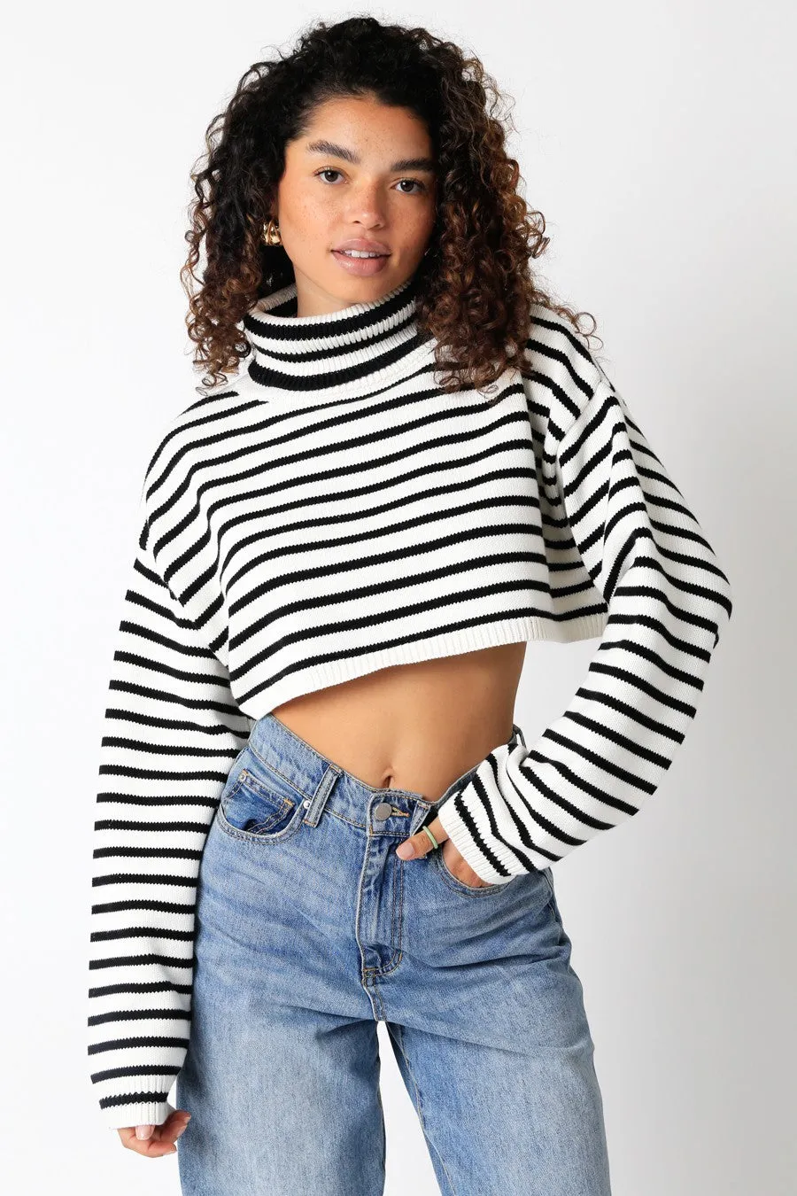 Marla White & Black Striped Cropped Turtleneck Sweater