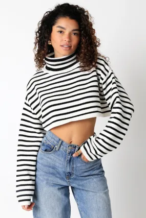 Marla White & Black Striped Cropped Turtleneck Sweater