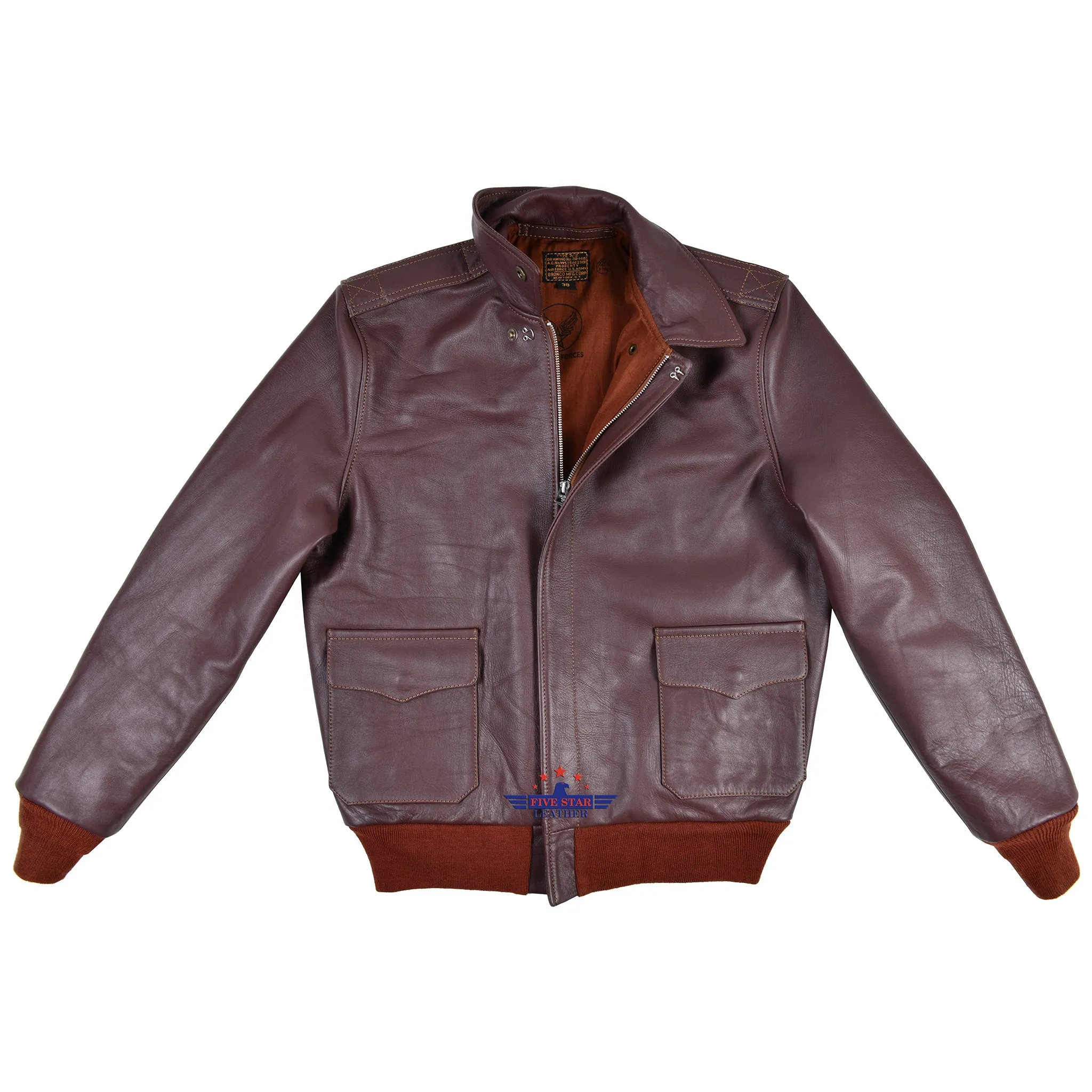 Men Type A2 Repro Bronco Military Flight Real Cowhide Leather Jacket Russet brown