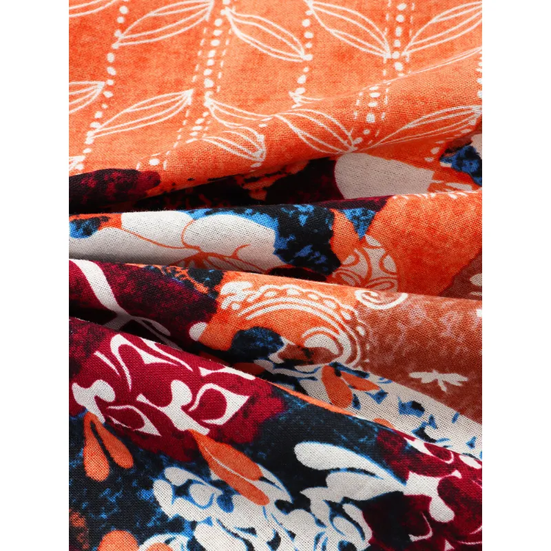 Mens Floral Mixed Print Patchwork Lapel Short Sleeve Holiday Casual Shirt