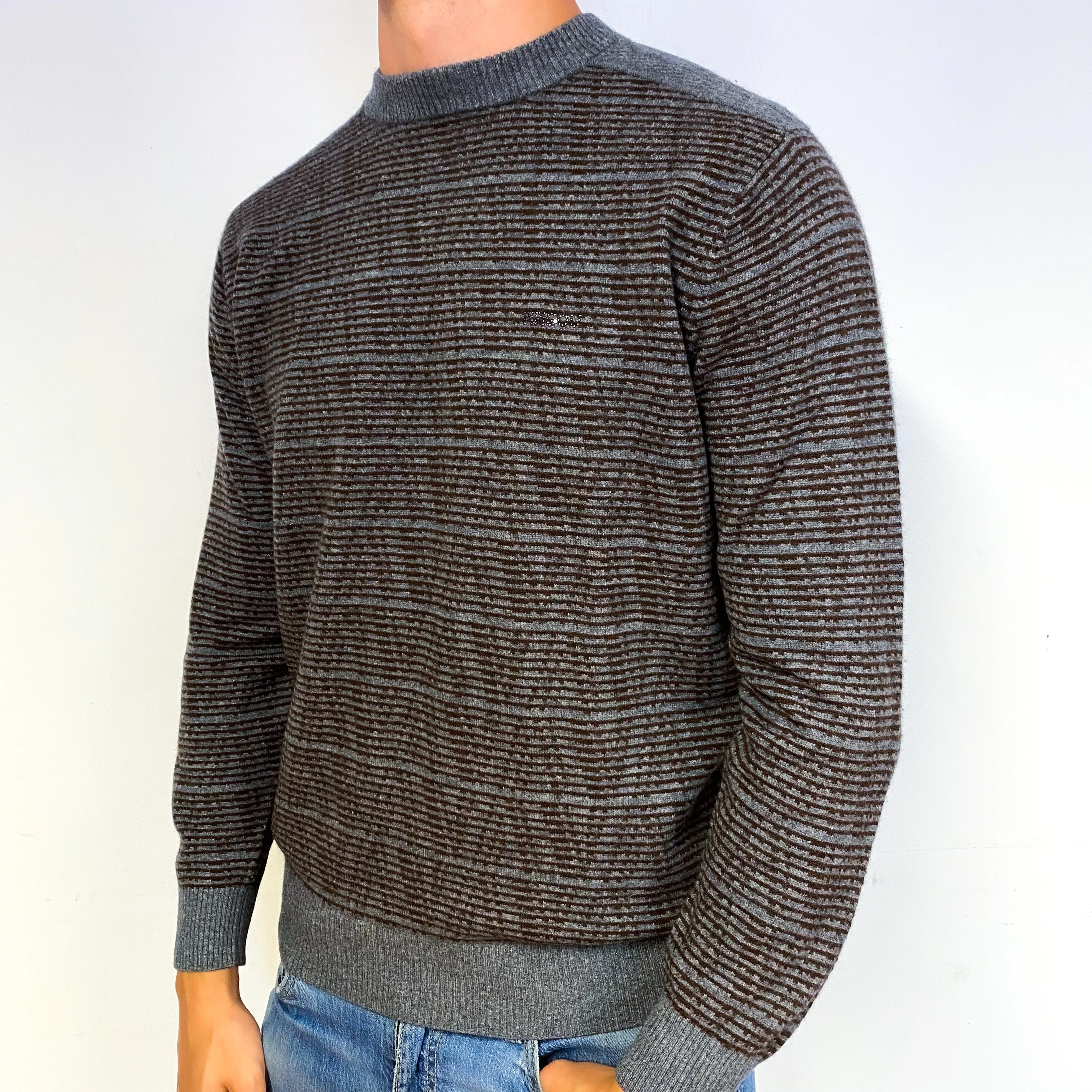 Men's Grey Brown Striped Cashmere Crew Neck Jumper Extra Large