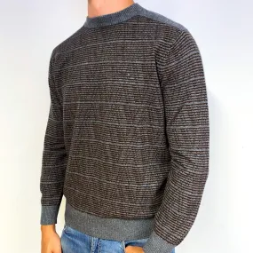 Men's Grey Brown Striped Cashmere Crew Neck Jumper Extra Large