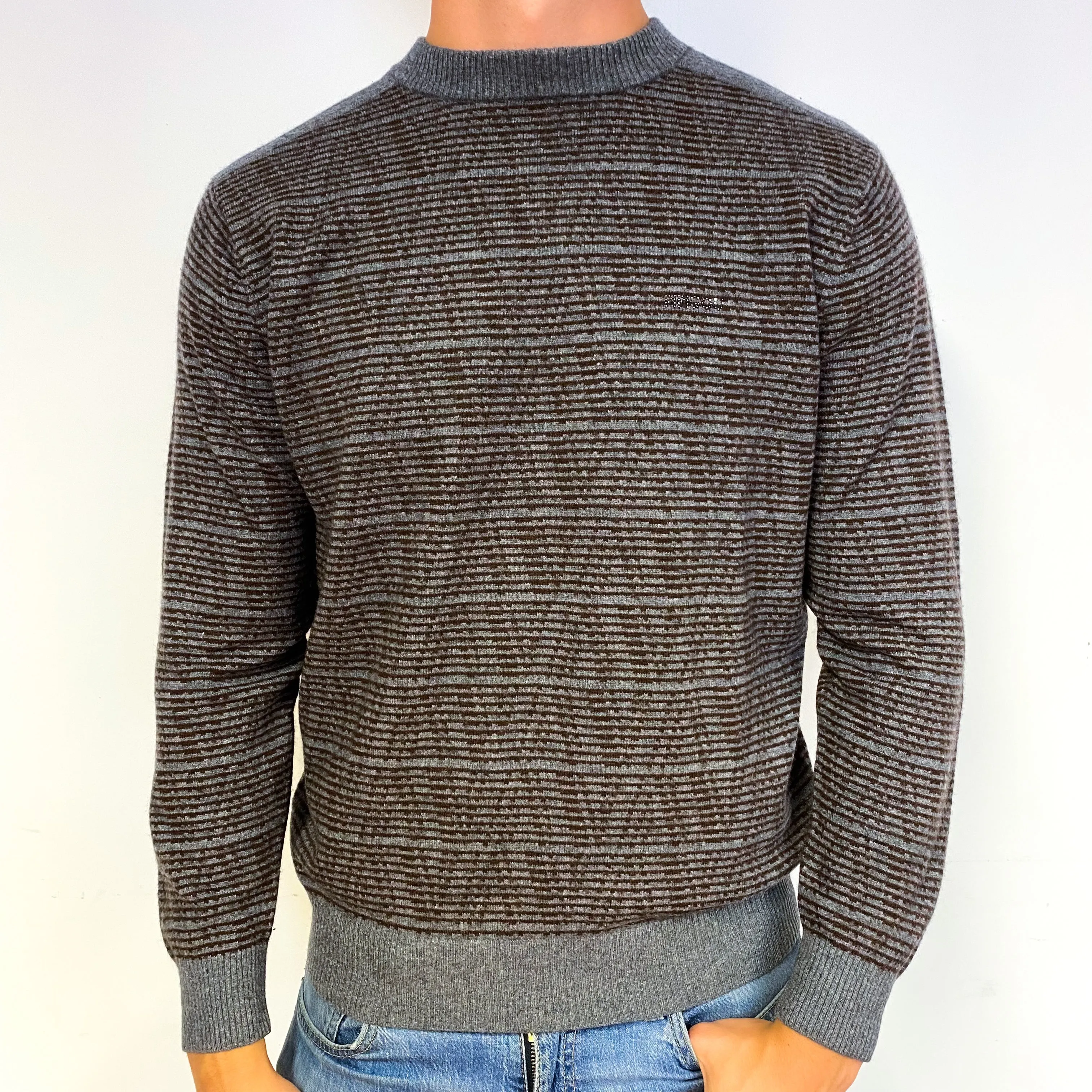 Men's Grey Brown Striped Cashmere Crew Neck Jumper Extra Large