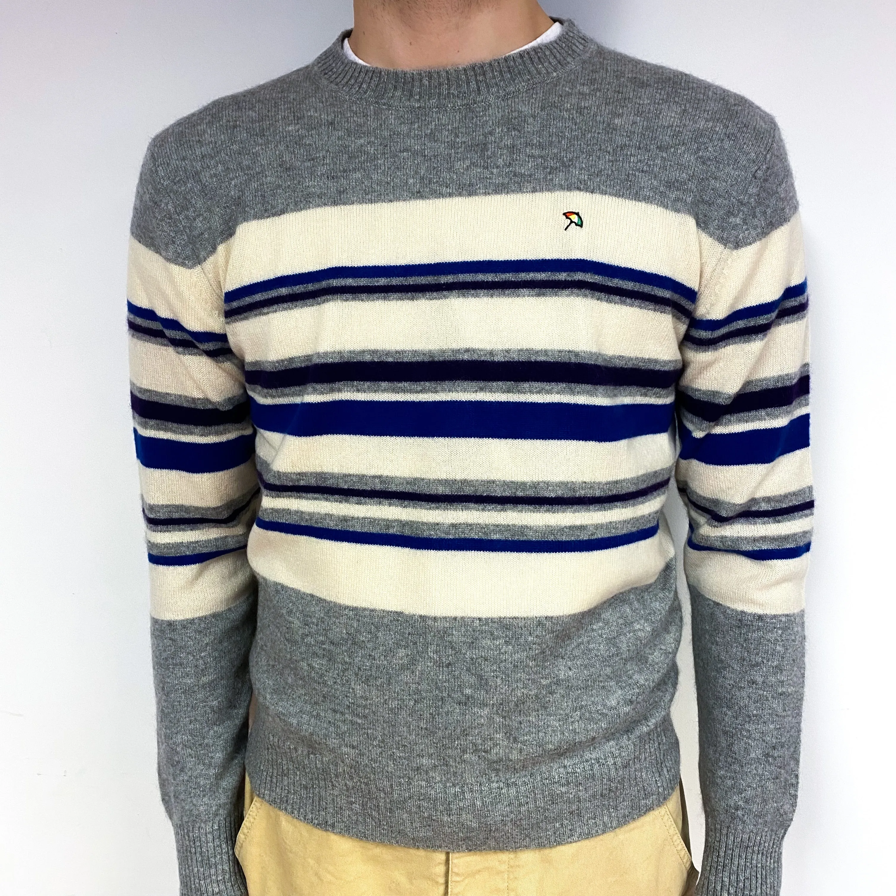 Men's Grey Cream Stripe Cashmere Crew Neck Jumper Medium