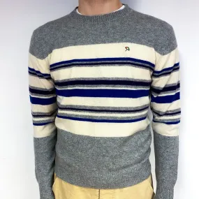 Men's Grey Cream Stripe Cashmere Crew Neck Jumper Medium