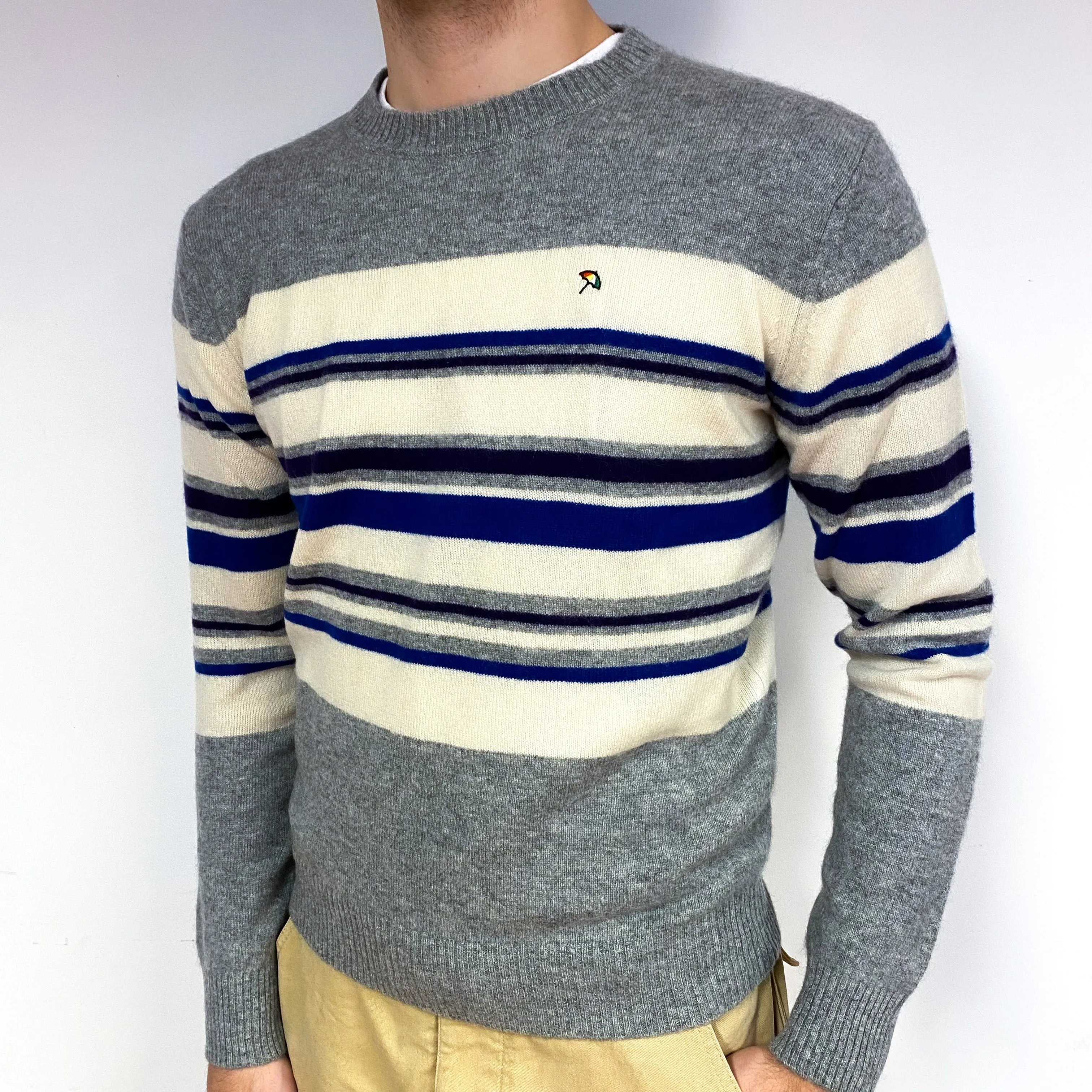 Men's Grey Cream Stripe Cashmere Crew Neck Jumper Medium