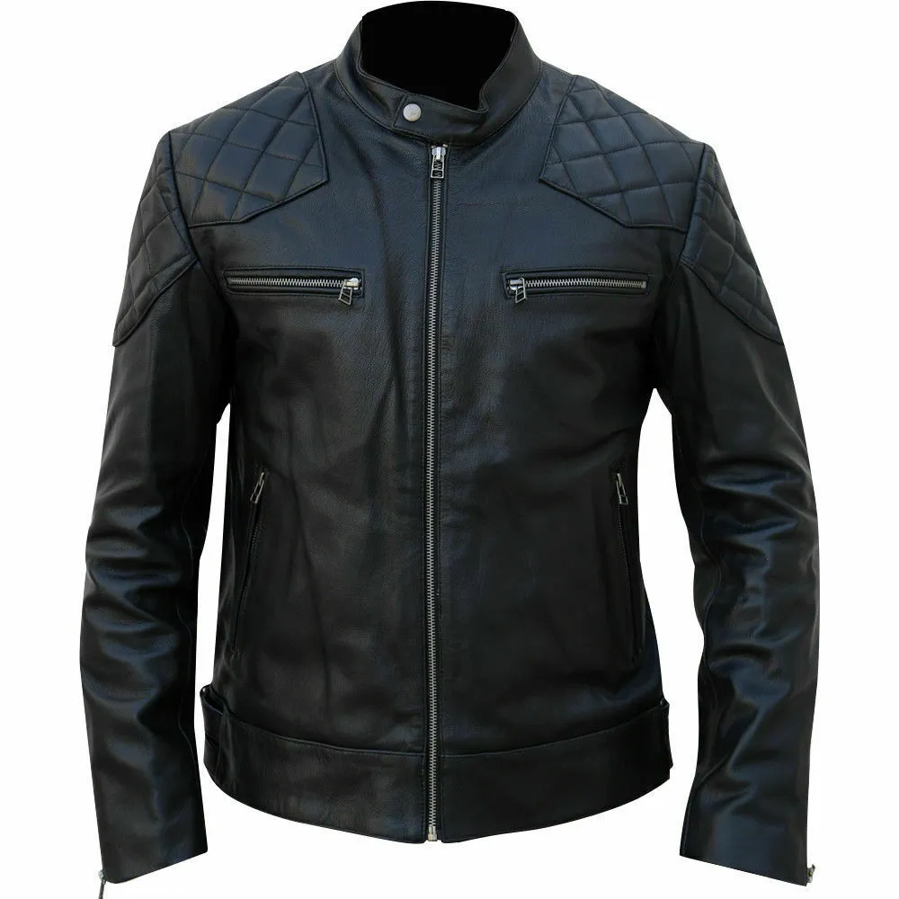 Men’s Slim Fit Black Leather Biker Jacket | David Beckham Style