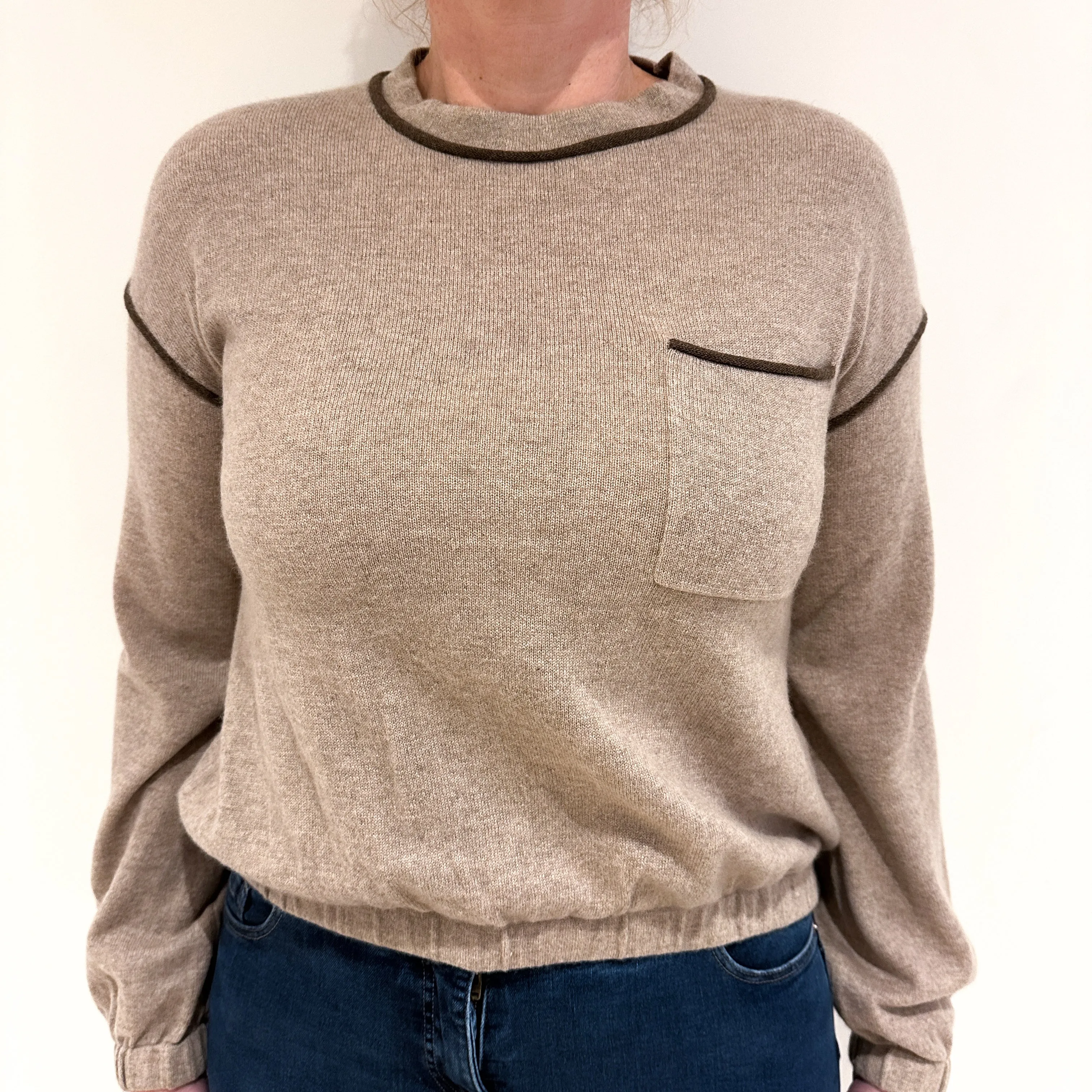 Mink Brown Cashmere Crew Neck Jumper with Pocket Large