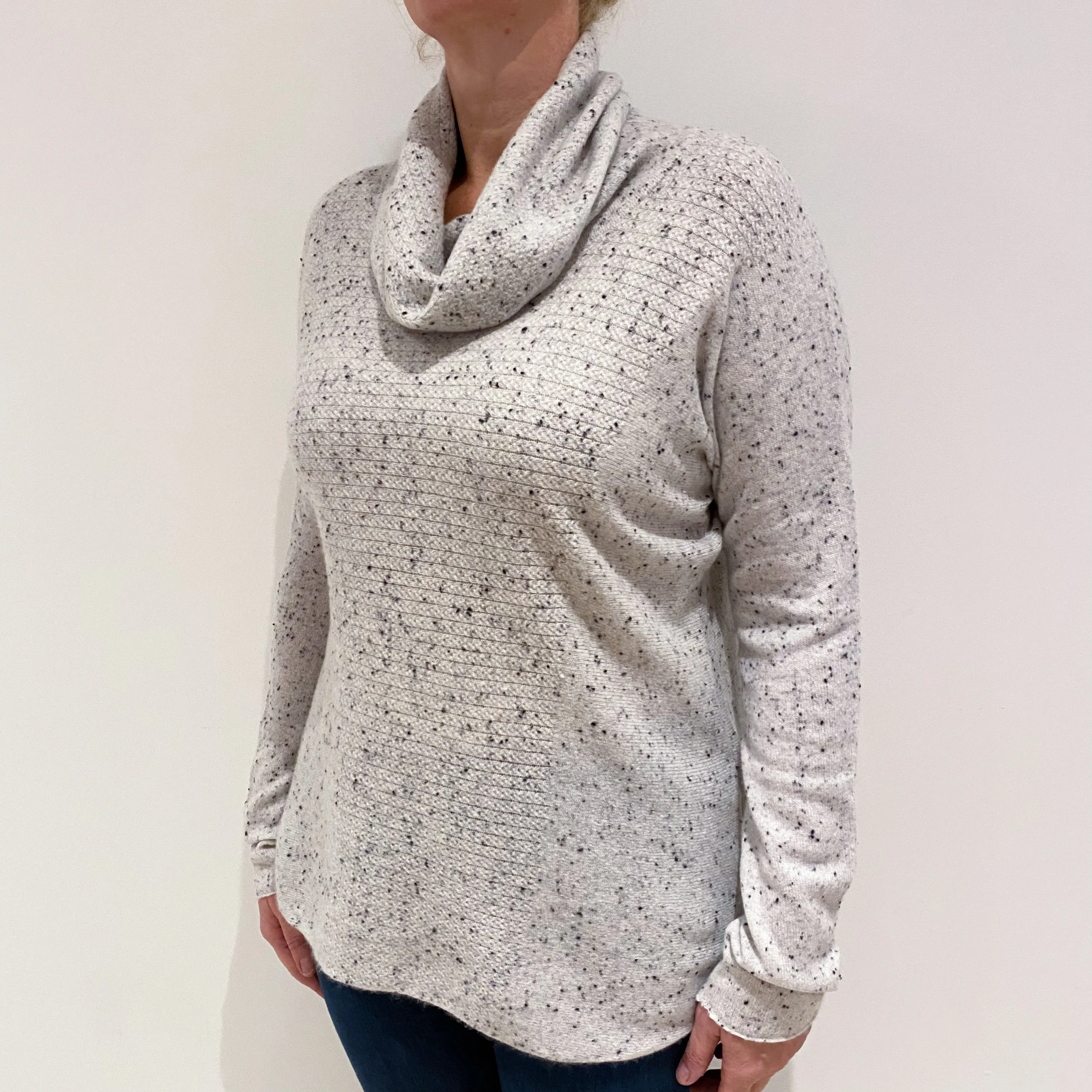 Mist Grey Flecked Cashmere Cowl Neck Jumper Large