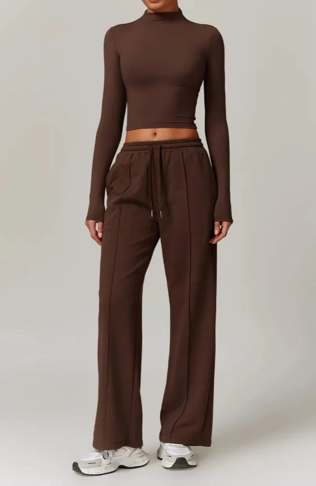 Moody Solid Color Stretchy Turtleneck Long Sleeve And Patchwork Sweatpants Set