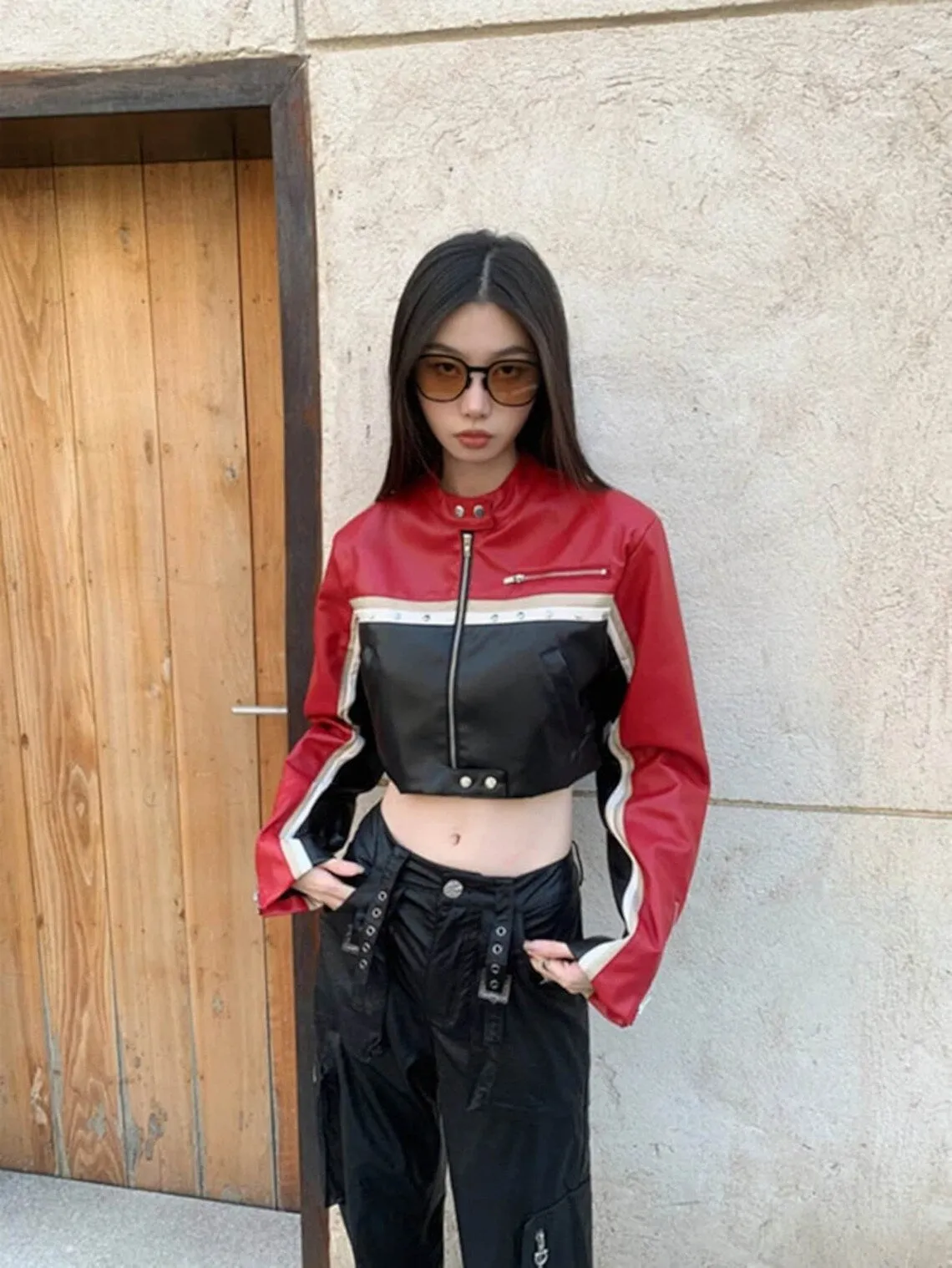 Multi Color Biker Style Crop Real Leather Jacket Women
