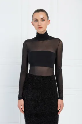 Nadia Sheer Mesh Basic Long Sleeve Mock Neck - Black