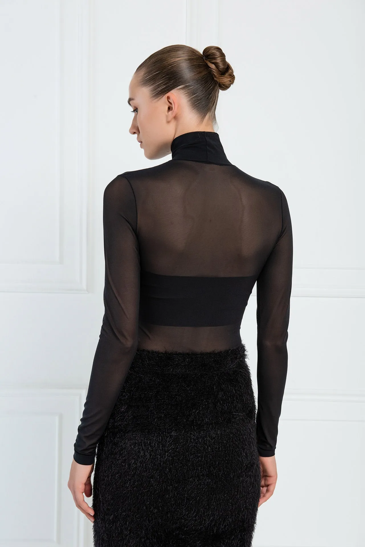 Nadia Sheer Mesh Basic Long Sleeve Mock Neck - Black