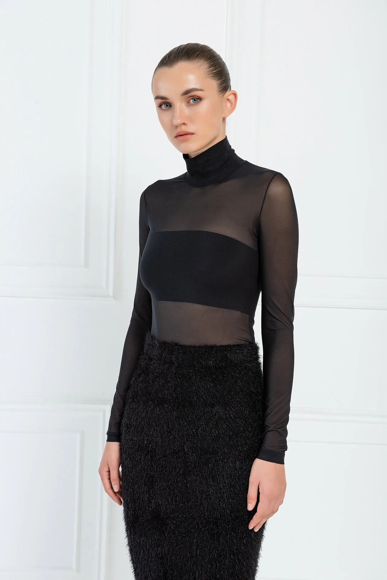 Nadia Sheer Mesh Basic Long Sleeve Mock Neck - Black