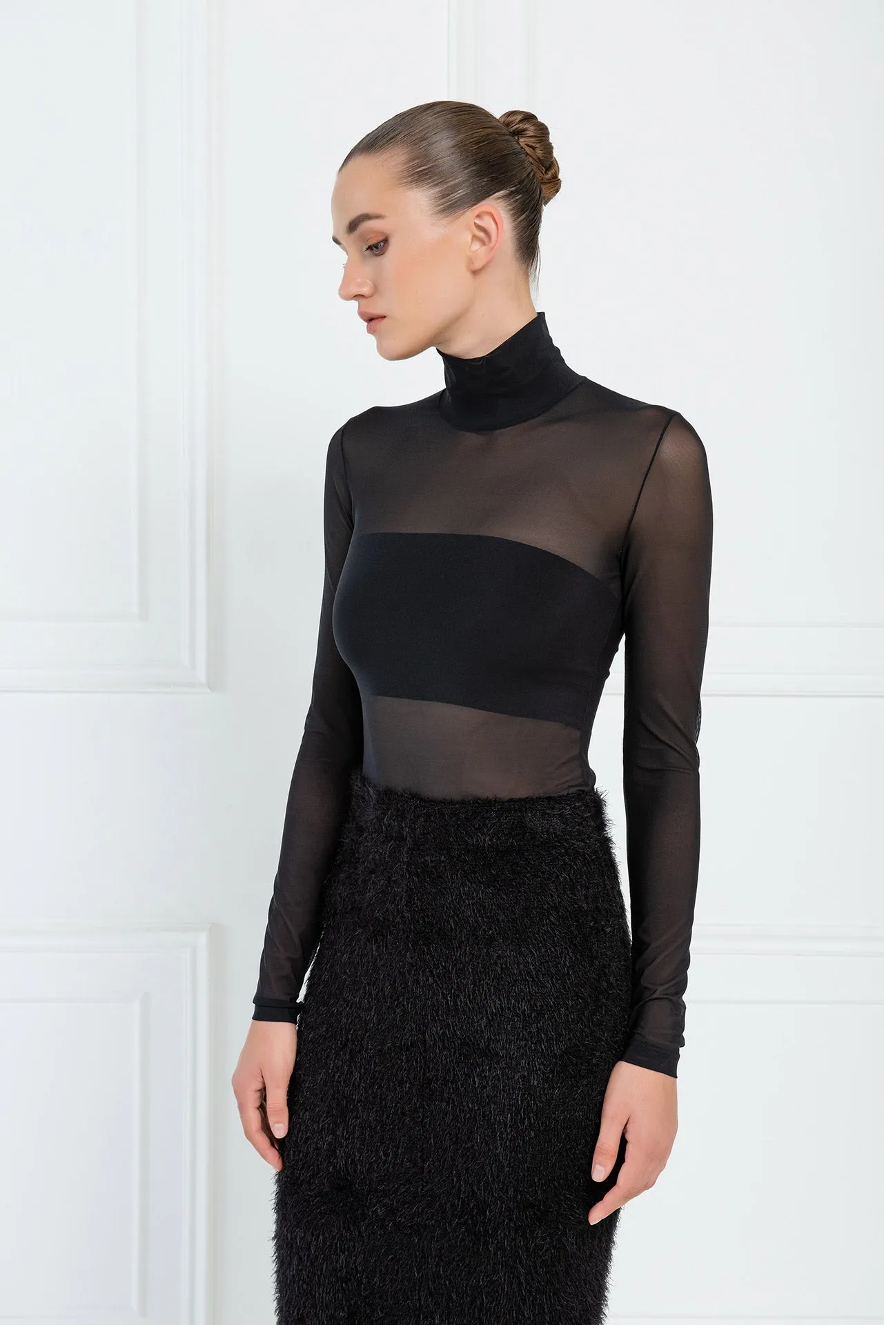 Nadia Sheer Mesh Basic Long Sleeve Mock Neck - Black