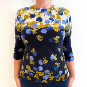 Navy Cream Floral Patterned 3/4 Sleeved Cashmere Crew Neck Jumper Large