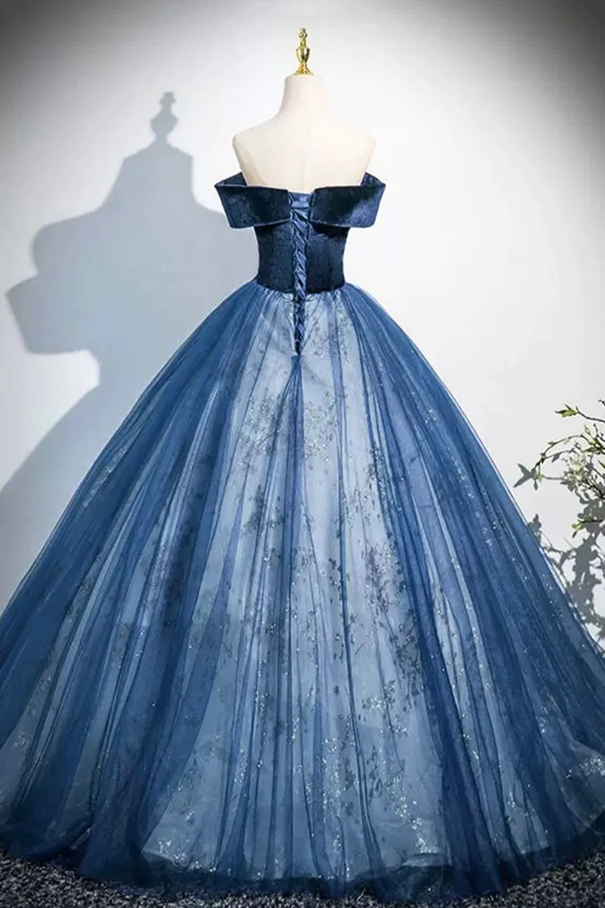 Navy Velvet Sequins Long Prom Dress, Elegant Off the Shoulder Party Dress