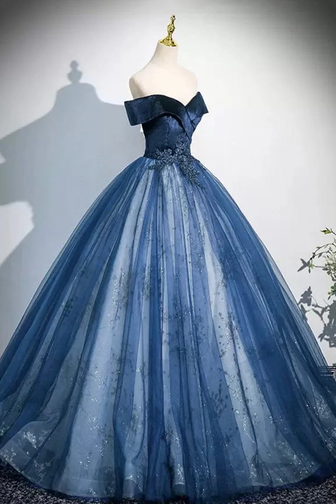 Navy Velvet Sequins Long Prom Dress, Elegant Off the Shoulder Party Dress