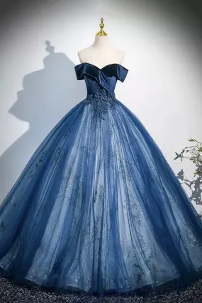 Navy Velvet Sequins Long Prom Dress, Elegant Off the Shoulder Party Dress