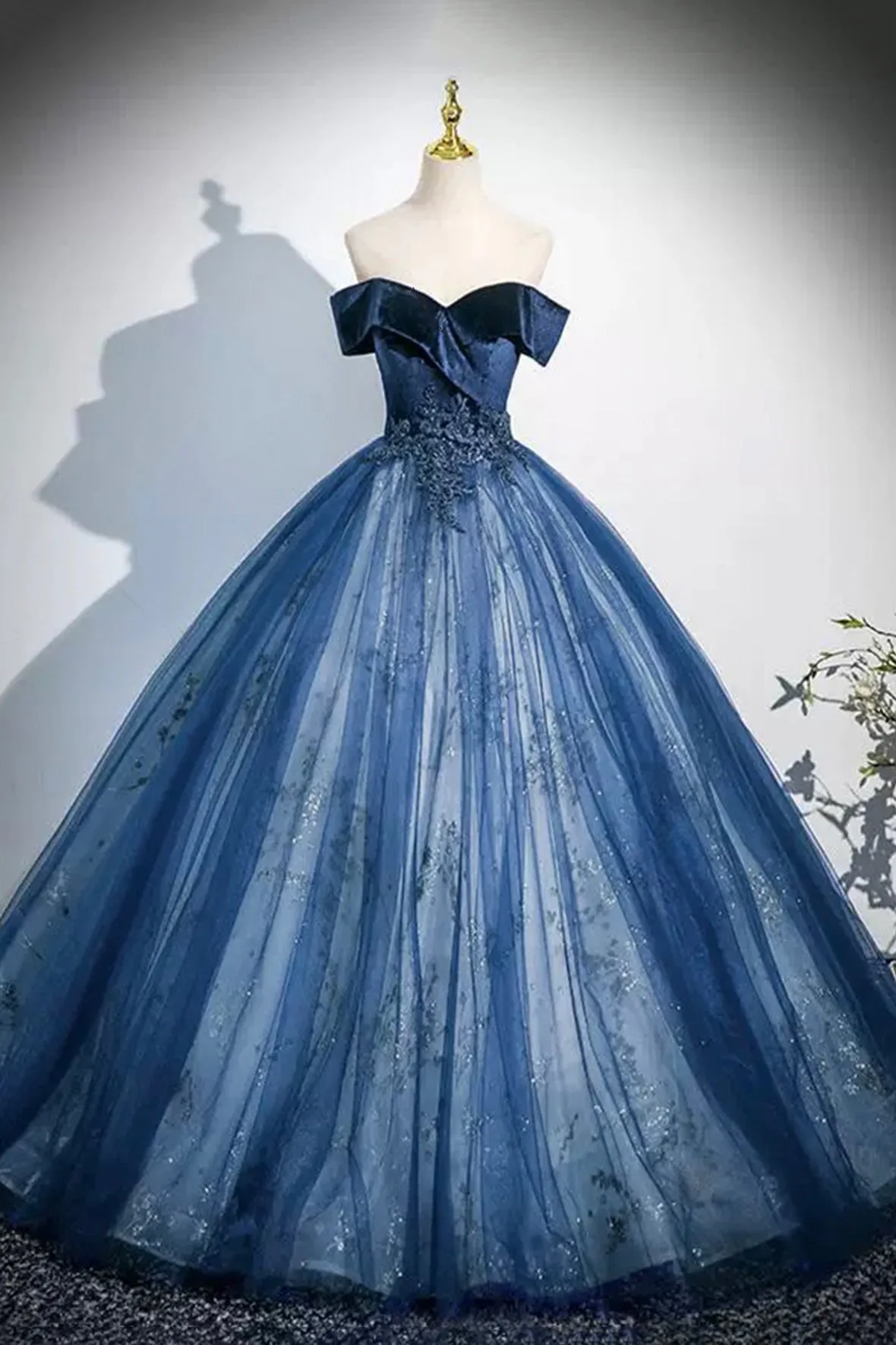 Navy Velvet Sequins Long Prom Dress, Elegant Off the Shoulder Party Dress